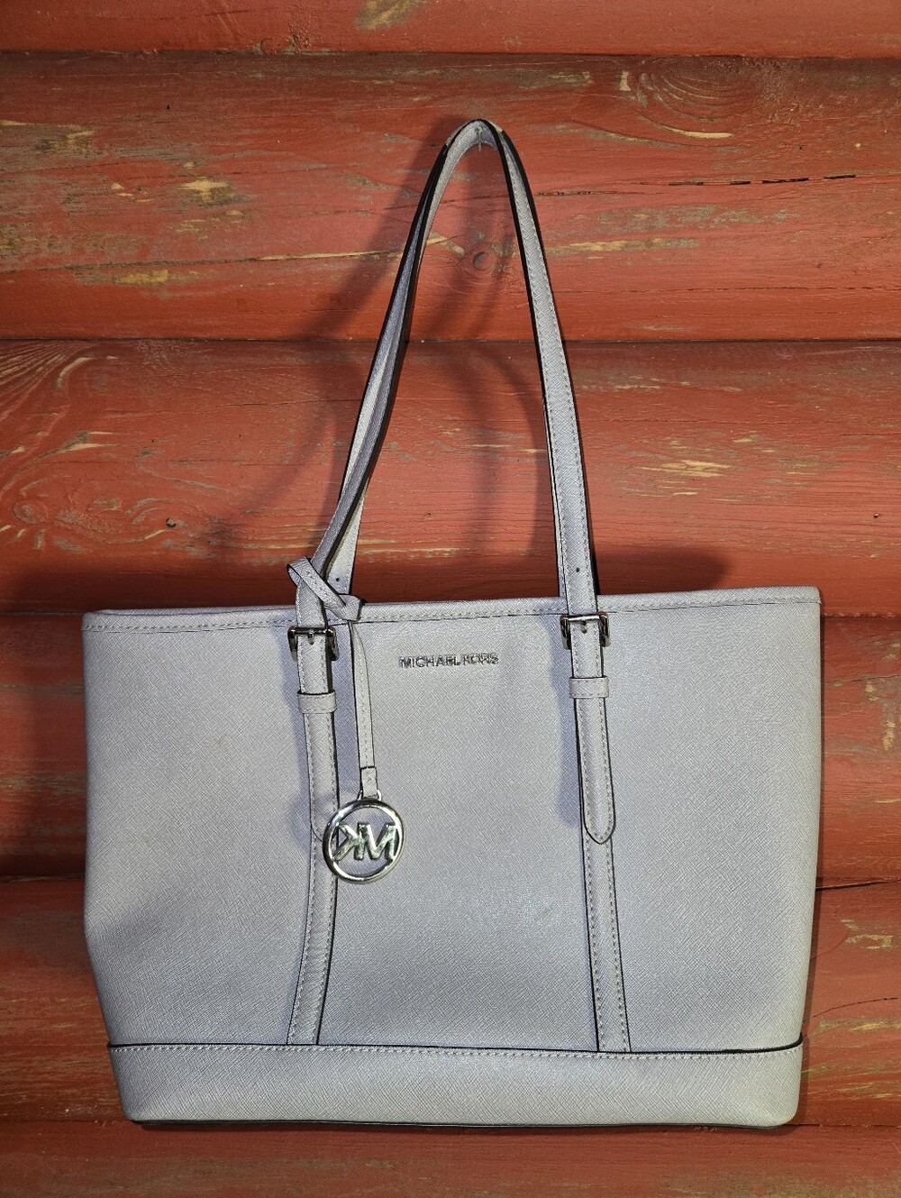 Damage On Handle And Stain Michael Kors Pale Blue Leather Tote with MK Charm